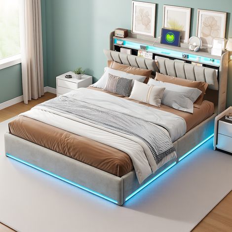Lit Coffre 160 x 200 cm, avec tête de lit conteneur et LED et USB, Lit rembourré, Lit double avec Sommier en Bois et Velours, Gris