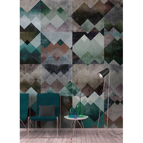 Papier peint panoramique géométrique moderne | Tapisserie panoramique grise et verte pour chambre d'ado | Papier peint panoramique graphique original - 270 x 400 cm (4 pièces) (1/5)