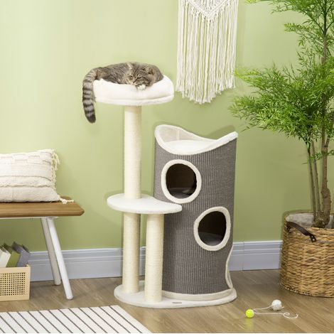 Arbre à chat 109 cm avec tonneau à griffer, couchage et colonnes en sisal blanc et gris (1/5)