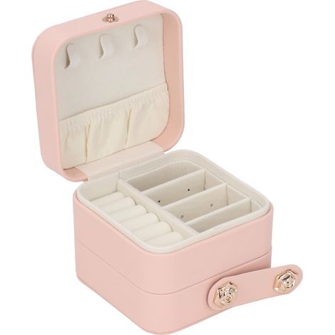 Tragbare rosa Schmuckschatulle, mehrlagiges Reiseetui aus PU-Leder für Ringe, Ohrringe und Halsketten (1/5)