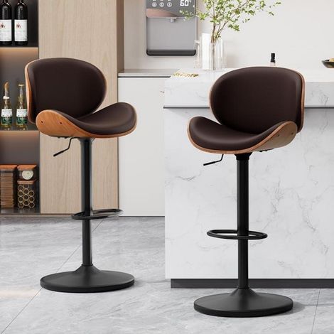 Barhocker 2er Set, höhenverstellbar, drehbar, Kunstleder & Massivholz, Braun (1/5)