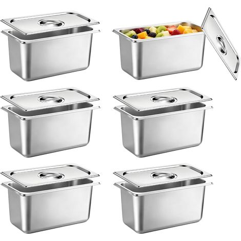 Lot de 6 Bacs Gastro GN 1/3 en Acier Inoxydable avec Couvercle  Bacs Gastronormes Empilables 33 x 18 x 15 cm, Bacs de Restauration en Inox pour Cuisine, Buffet et Service Traiteur (1/5)