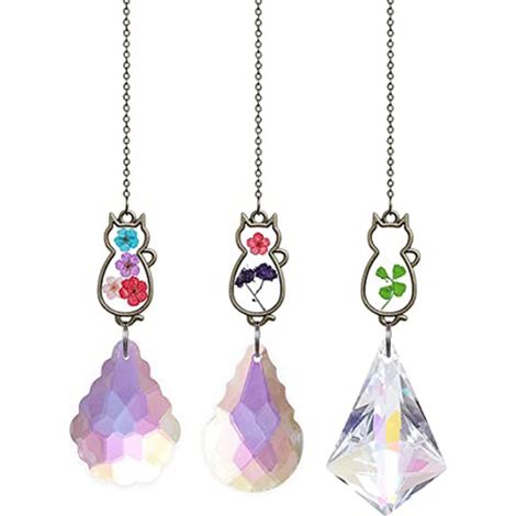 Crystal Suncatcher - Flower Cat Design - Rainbow Light Refraction Prism - Window Hanging Ornament - Pack of 3 (1/5)