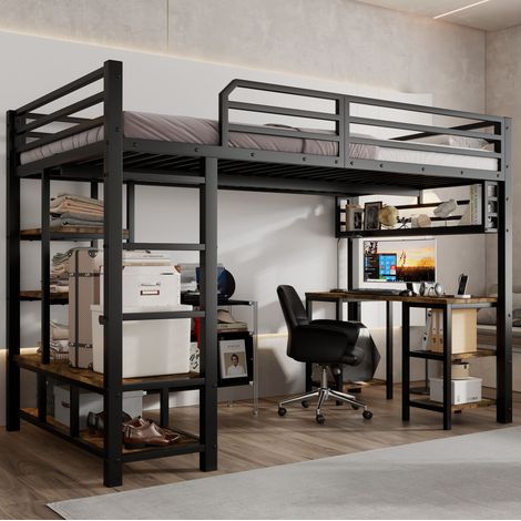 Lit enfant mezzanine avec bureau intégré, étagère, échelle 4 marches, 120 x 200 cm, noir HAVRYA (1/5)