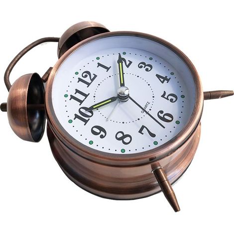 Réveil Rétro - Double Cloche - Horloge Analogique Silencieuse - Veilleuse Intégrée - 4 Pouces - Métal - Cuivre Antique - 1 Pièce (1/2)