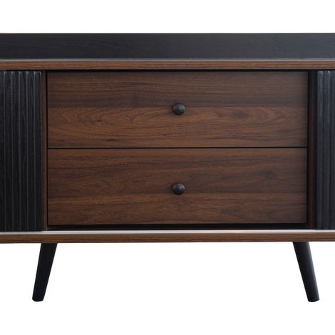 Meuble TV bas avec 2 tiroirs et 2 portes coulissantes, plateau télé en bois naturel et noir, lowboard moderne H58 x L160 x P40 cm, meuble multimedia pour salon, rangement élégant. (1/5)