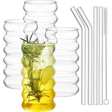 Gerippte Trinkgläser Set 4 Stück mit Glasstrohhalmen 475ml Wellendesign (1/5)