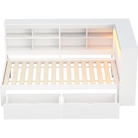 Letto singolo in legno 90 x 200 cm con contenitori, LED e porta USB, bianco (1/5)