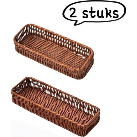 Panier de rangement en 2 pièces Boîte de rangement de bureau en faux rotin Organisateur de couverts avec égouttoir pour tiroirs de cuisine Panier compartimenté pour couverts Petit Moyen Marron carré (1/5)