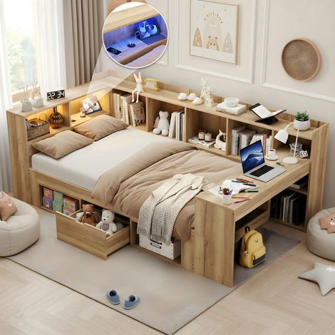 Lit enfant, lit coffre 90x200 avec éclairage LED, ports de chargement USB et bureau, lit simple, lit de jour, lit plateforme en bois en forme de L, lit de jour avec étagères et tiroirs (1/5)