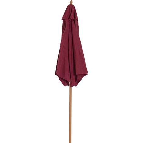Parasol en bois Ø250x230cm pour usage extérieur, avec 6 baleines et système de poulie, couleur bordeaux (1/5)