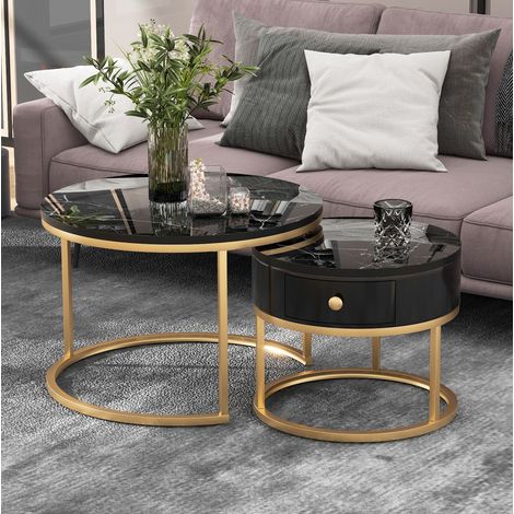 Couchtisch 2er Set rund nestbar Marmormuster Schwarz OKMYHOME (1/5)