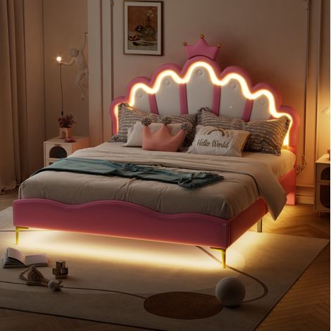 lit adulte lit double LED 140x200 PU rose OKMYHOME (1/5)