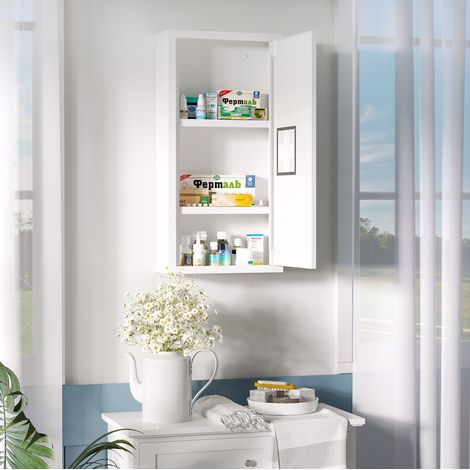 Meuble pharmacie mural 30x12x60 cm en acier blanc, gain de place pour salle de bain FloraGrace (1/5)