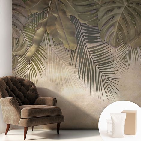 Papier peint intissé mural avec imprimé pour décoration pour salon pour chambre à coucher pour entrée Feuilles tropicales 250x250 cm (1/5)
