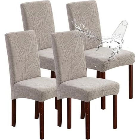Set of 4 waterproof stretch chair covers for dining room, kitchen, Parsons chairs (Leaves, Warm Grey)