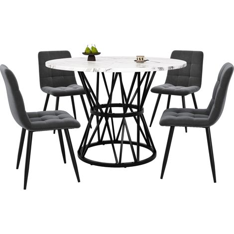 Ensemble table à manger ronde 5 pièces pour cuisine moderne, table 100 cm, 4 chaises en velours gris, plateau effet marbre MDF, pieds métal noirs, réglables - CHICFURN (1/5)