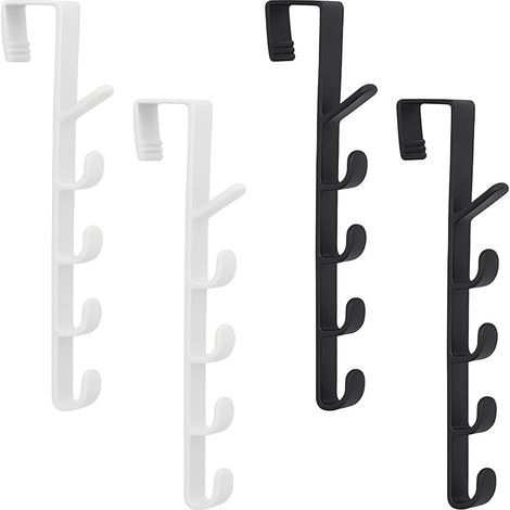 Juego de 4 ganchos para colgar abrigos sobre la puerta, perchero de pared, no requiere taladrar, ganchos detrás de la puerta, 5 ganchos, para puertas, armarios y baños (negro, blanco, 4,5 x 26,5 cm) (1/5)