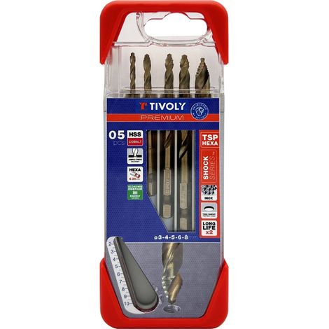 Set da 5 punte per metallo TSP HSS al cobalto rettificate - Ø3-4-5-6-8mm - TIVOLY - 11457370002 (1/5)