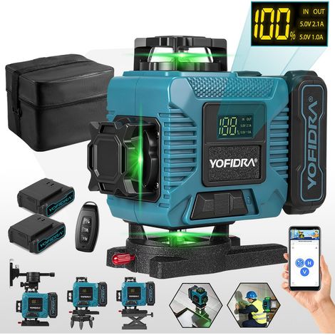 Nivel láser verde autonivelante de 4 x 360°, alcance de trabajo de 25 m, con pantalla LCD, para obras en interiores