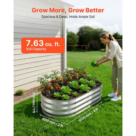 Potager Surélevé Métal 120x60x30 cm Carré Potager Surélevé Lot de 2 Lit de Jardin Ovale pour Extérieur Culture Fruits Légumes Fleurs, Fond Ouvert, Galvanisé Aluminium-zinc, avec Gants, Argenté (1/5)