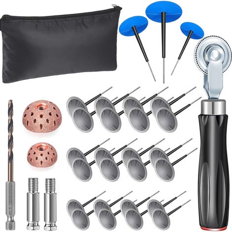 Kit de réparation de pneus 29 pièces avec 24 mèches champignon (34/40/50 mm), rouleau, roue de ponçage, foret 4 mm et sac de rangement – Pour voiture, moto, vélo, camion et pneus tubeless (1/5)