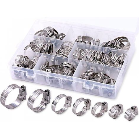 Assortiment de colliers de serrage réglables en acier inoxydable de 8 à 38 mm, 7 tailles, colliers de serrage pour conduites de carburant hydrauliques, lot de 60 (1/3)