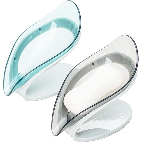 Support Pour Savon - Forme De Feuille - Avec Bac De Drainage - Pour Salle De Bain Cuisine Douche - Gris Et Bleu - 2 Pièces (1/5)