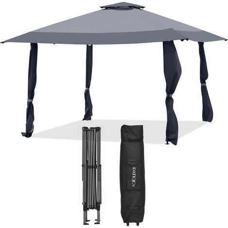 GOPLUS Tonnelle de Jardin Pliante 4x4 M, 267/275/284cm, Pavillon Extérieur avec Double Toit SPF 50+ Imperméable, Sac roulettes, Idéal pour Jardin, Plage et Pelouse (3x3m-Grissans Voile) (1/5)