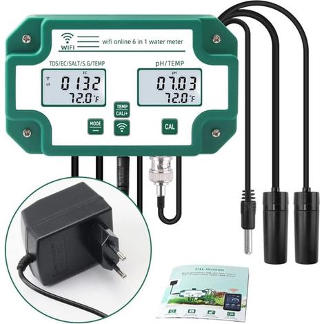 Medidor de calidad del agua multiparamétrico WiFi 6 en 1，monitor digital de calidad del agua，adecuado para acuicultura y piscinas (1/5)