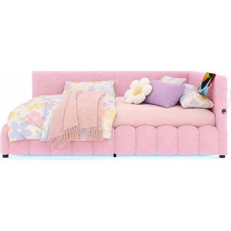 Lit banquette 140x200 avec coffre hydraulique, LED multicolore, ports USB et Type-C, sommier à lattes, tissu rose, sans matelas pour chambre moderne  CHICFURN (1/5)