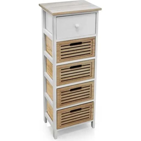 Cómoda de madera blanca y natural 34 x 25 x 95 cm con 5 cassetti