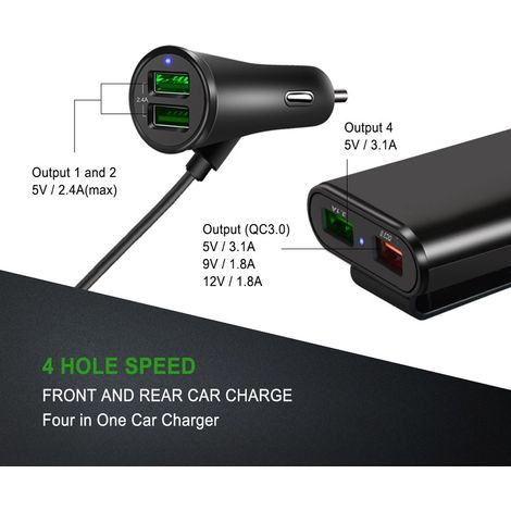 (QC3.0 Schwarz [Kleine Größe]) Kfz-Ladegerät für vorne und hinten, QC3.0 8A Schnellladung, vier USB-Anschlüsse mit Kabel, multifunktionales Kfz-Ladegerät (Muster nicht verfügbar, in Entwicklung) (Exkl (1/5)
