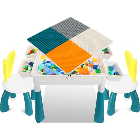 Jiubiaz Table d'activités,Set avec 251 pièces de blocs de construction et 2 chaises, Table d'activités multifonction pour enfants, Set table et chaises, 51x51 cm (1/5)