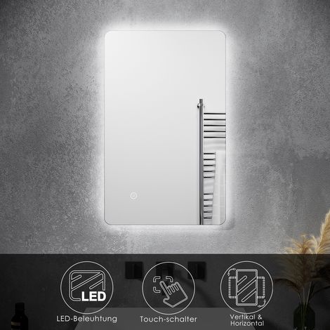 SONNI Badspiegel mit Beleuchtung Lichtspiegel LED Spiegel kaltweiß IP44 Badezimmer Wandspiegel mit Touch-Schalter Beschlagfrei Badezimmerspiegel Kupfer/bleifreie Wandspiegel 80 x 50 cm (1/5)
