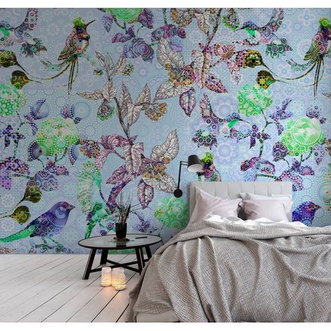 Papier peint panoramique bleu motif oiseaux | Tapisserie panoramique florale idéale pour chambre | Papier peint panoramique pour salon motif floral - 270 x 400 cm (4 pièces) (1/5)