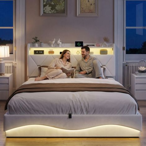 Letto contenitore 160x200 cm - Giroletto imbottito con testiera contenitore, illuminazione LED integrata e porta USB - Velluto e MDF - Beige