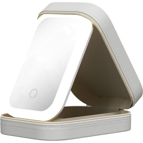 Multifunktionaler LED-Kosmetikspiegel, Kosmetikkoffer mit Spiegel, tragbare Make-up-Aufbewahrungsbox, 3 einstellbare Farben, beleuchteter Reisespiegel (Weiß) (1/5)