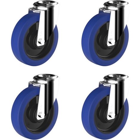 Lot de 4 roulettes à oeil pivotantes caoutchouc élastique bleu 100 mm charge 540 Kg (1/2)
