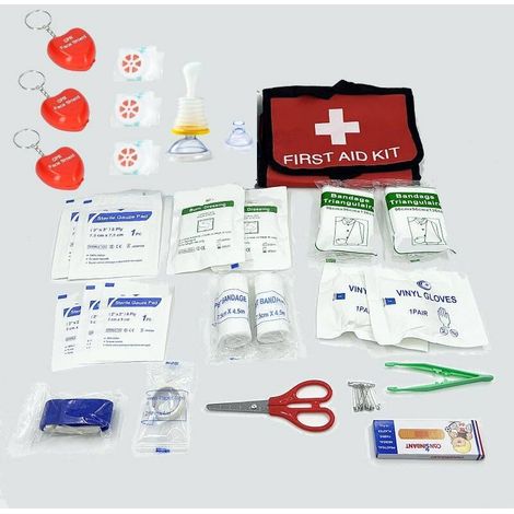 Trousse de premiers secours 46 pièces avec masque respiratoire adulte/enfant et dispositif anti-étouffement – idéale voiture, maison, bureau, voyage (1/4)
