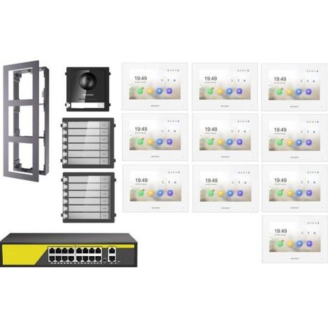 KIT Videocitofono IP Poe Hikvision 10 appartamenti Monitor bianco WIFI smart telecamera 2 mpx