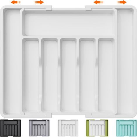 Range Couverts pour Tiroir, Plateau d'Ustensiles Extensible, Organisateur de Cuisine Réglable, Rangement Compact pour Contenir des Cuillères, Fourchettes, 33-57 x 38 cm, Lot de 1,Blanc (1/4)