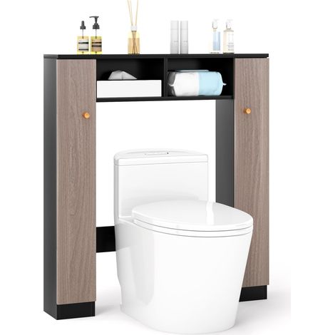 Estante de baño con puertas dobles para colocar sobre el inodoro, color negro