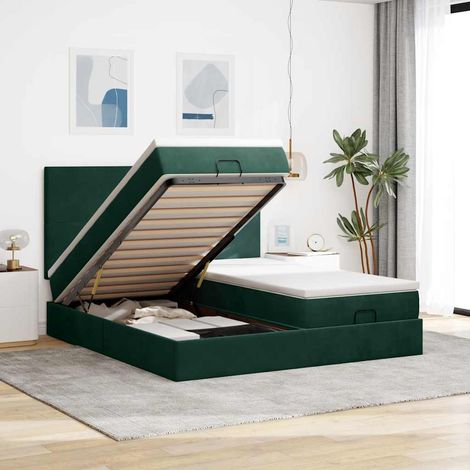 Estructura de cama otomana colchones terciopelo verde oscuro