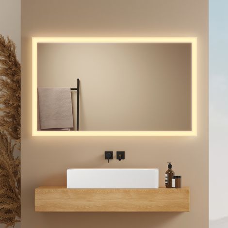 EMKE Rechteckiger Lichtspiegel 60x100cm Warmweißes Puristischer Badezimmerspiegel mit Klassischer Frostkante
