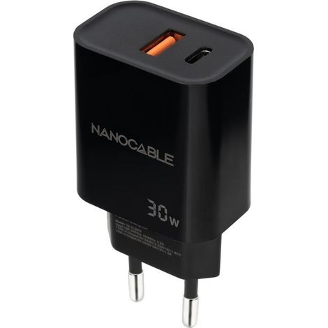 CARGADOR USB-C/PD + USB-A/QC 30W NEGRO