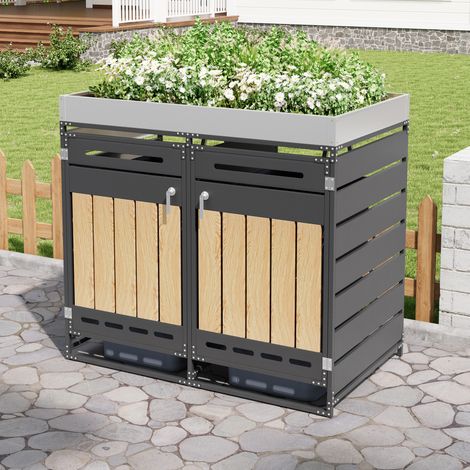 Cache-poubelles 2 bacs avec jardinière intégrée, armoire extérieure en fer noir verrouillable