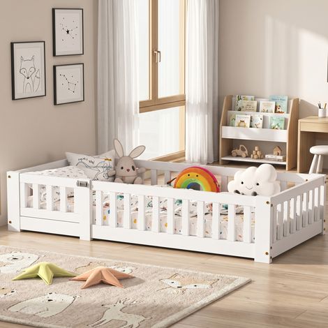 Lit au sol 120x200 cm–Lit enfant 120x200 cm avec barrières de sécurité– sommier à lattes–Pin massif– blanc
