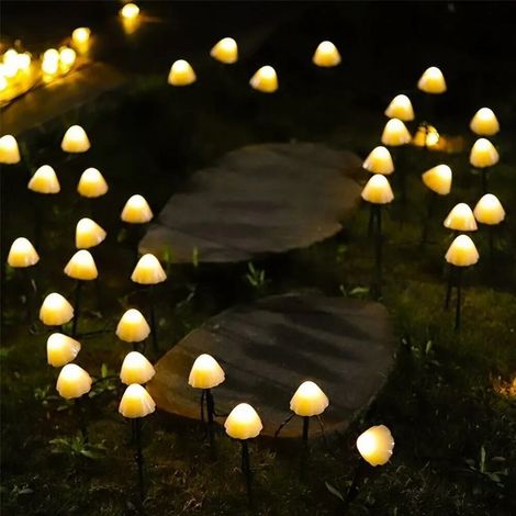 Ensemble de 12 guirlandes lumineuses solaires à LED en forme de champignon pour éclairage extérieur, lampes sur pied pour allée et jardin, lampe LED blanc chaud.