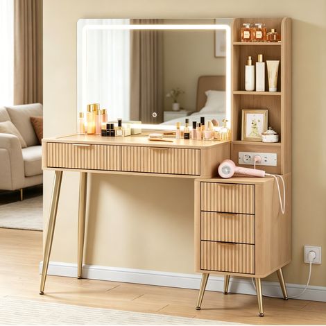 Coiffeuse moderne en bois avec grand miroir éclairé et rangement multifonction (1/5)